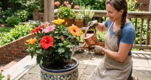Watering a Potted Hibiscus Plant for Beautiful Flowers
