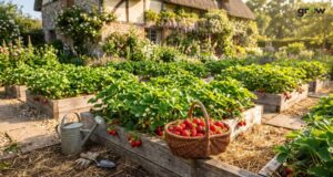 Watering Strawberry Plants in a Raised Garden Bed